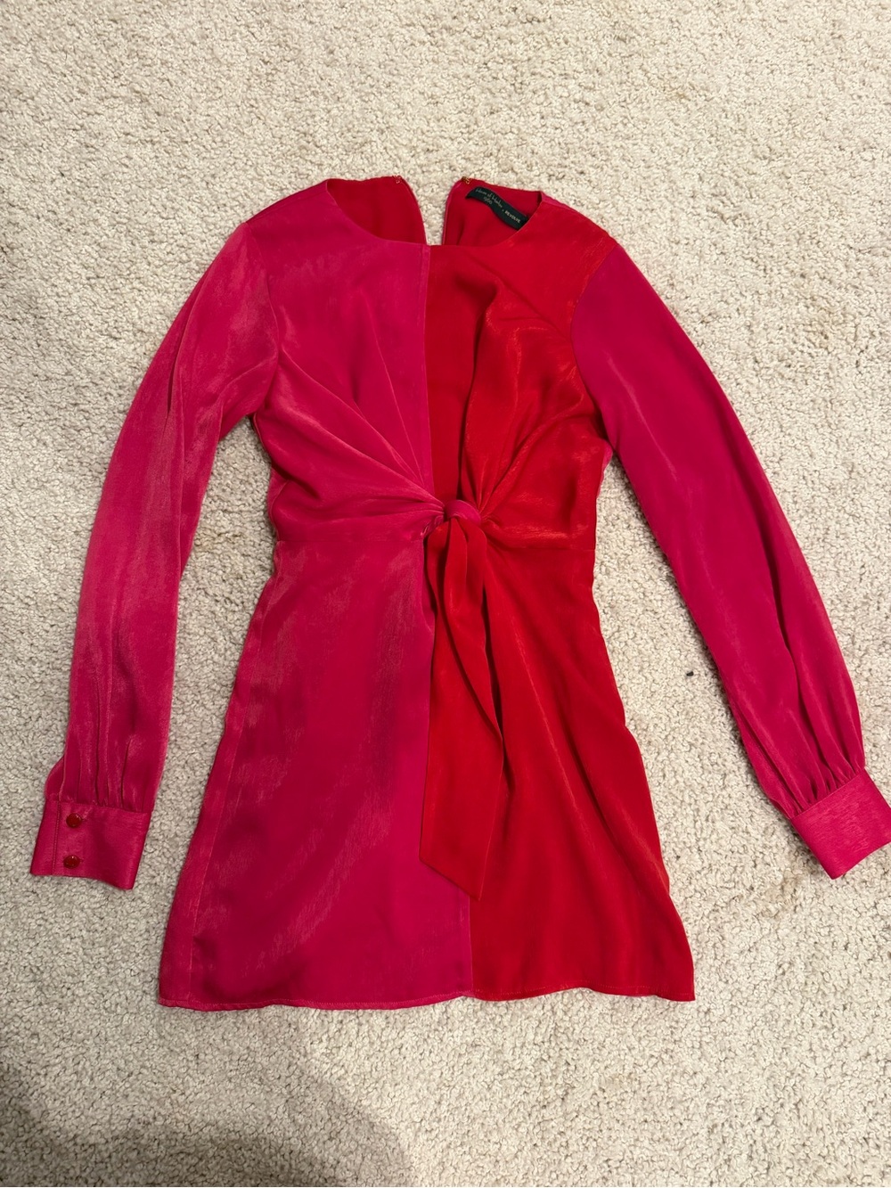 Colorblock Pink & Red Long Sleeve Tie-Front Blouse